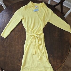 Ann Taylor Yellow Long Sleeve Sheath Dress with Notched Collar